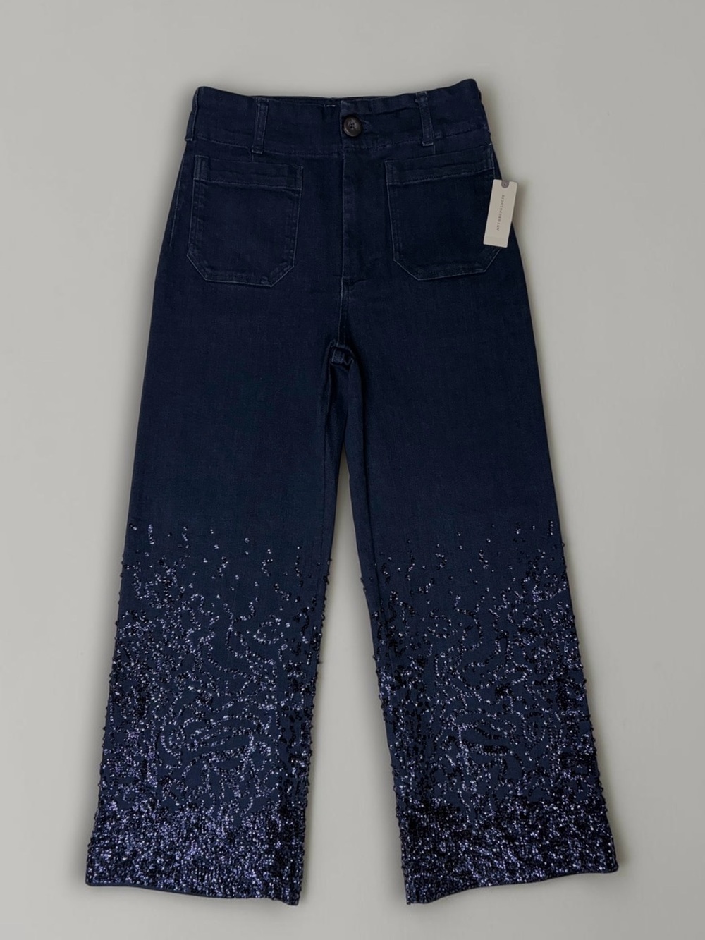 NWT Maeve Anthropolgie Colette Sequin Embellished Wide Leg Flare Jeans Navy